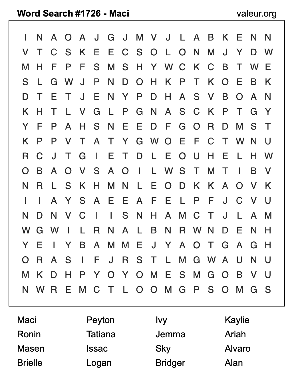 Word Search Puzzle with the name Maci #1726