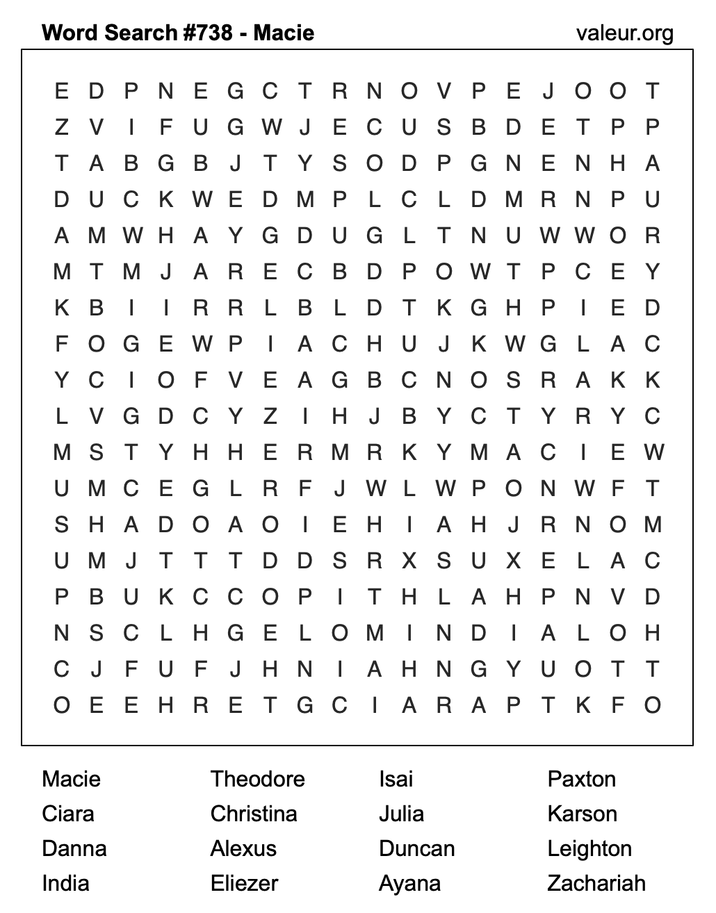 Word Search Puzzle with the name Macie #738