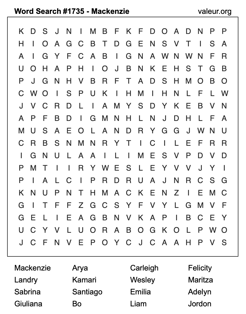 Word Search Puzzle with the name Mackenzie #1735 Word Search Puzzle with the name Mackenzie #1735