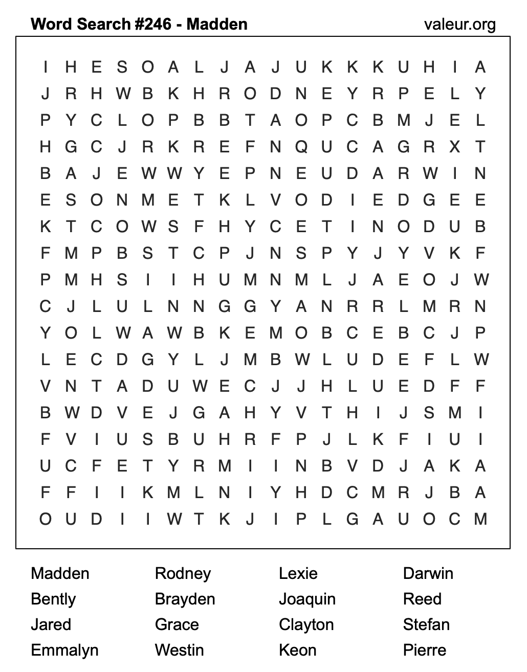 Word Search Puzzle with the name Madden #246