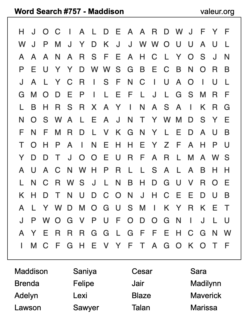 Word Search Puzzle with the name Maddison #757 Word Search Puzzle with the name Maddison #757