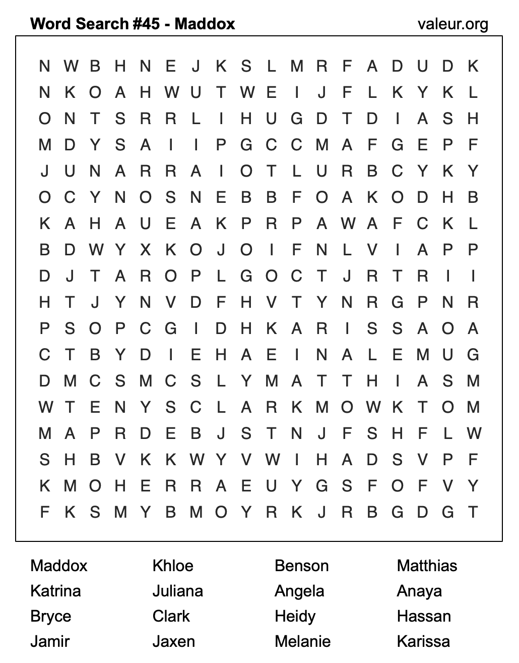 Word Search Puzzle with the name Maddox #45