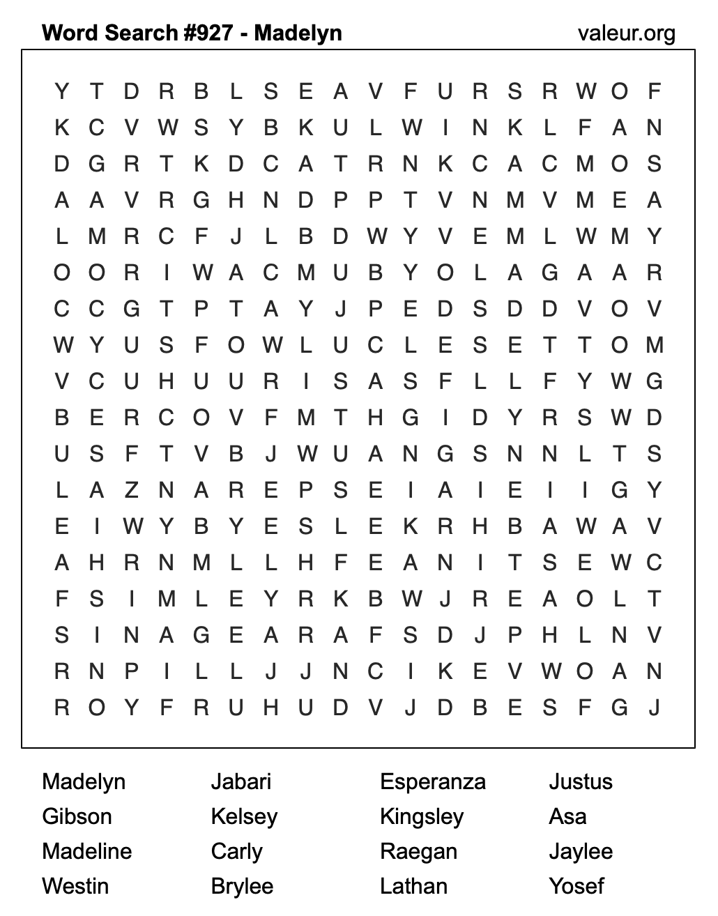 Word Search Puzzle with the name Madelyn #927