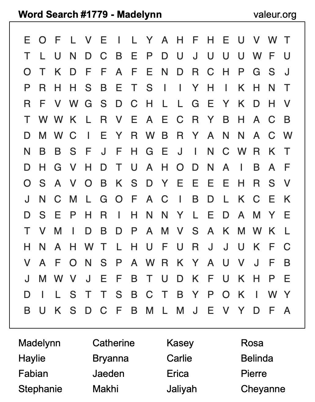Word Search Puzzle with the name Madelynn #1779