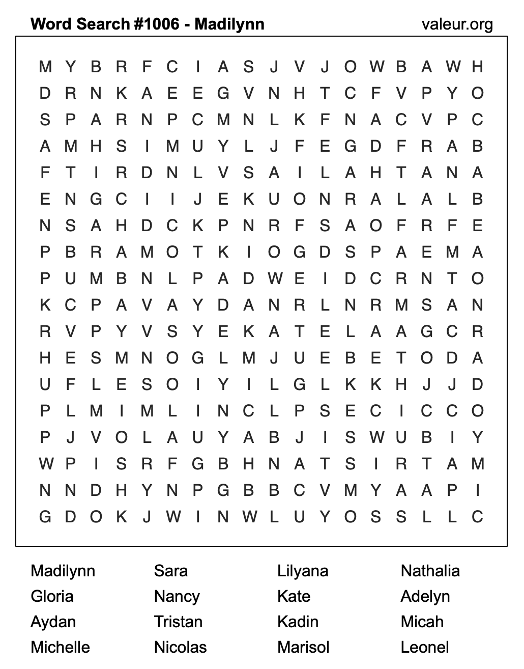 Word Search Puzzle with the name Madilynn #1006