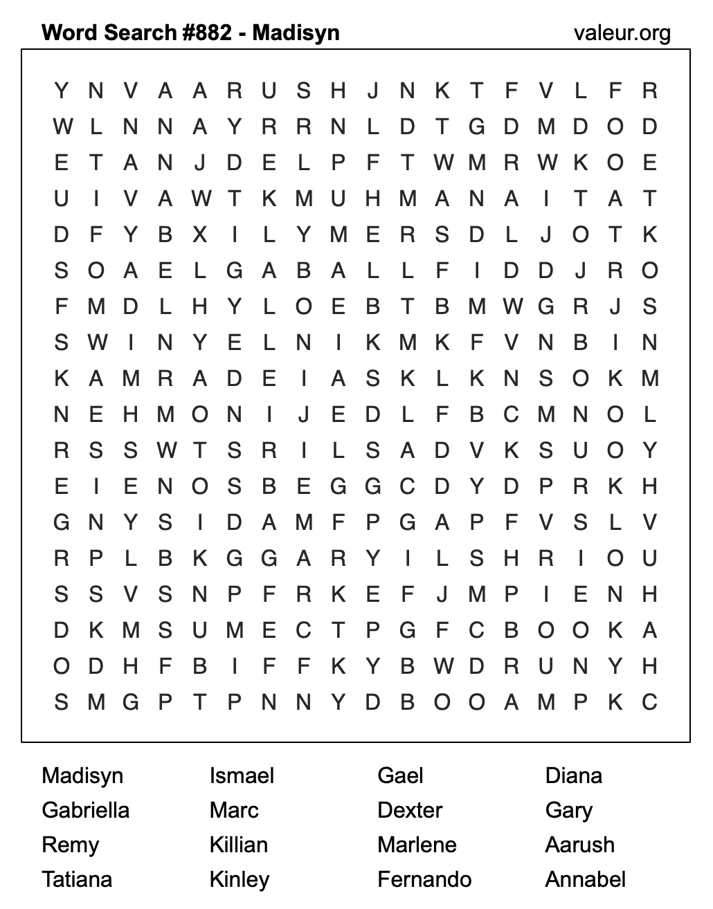Word Search Puzzle with the name Madisyn #882