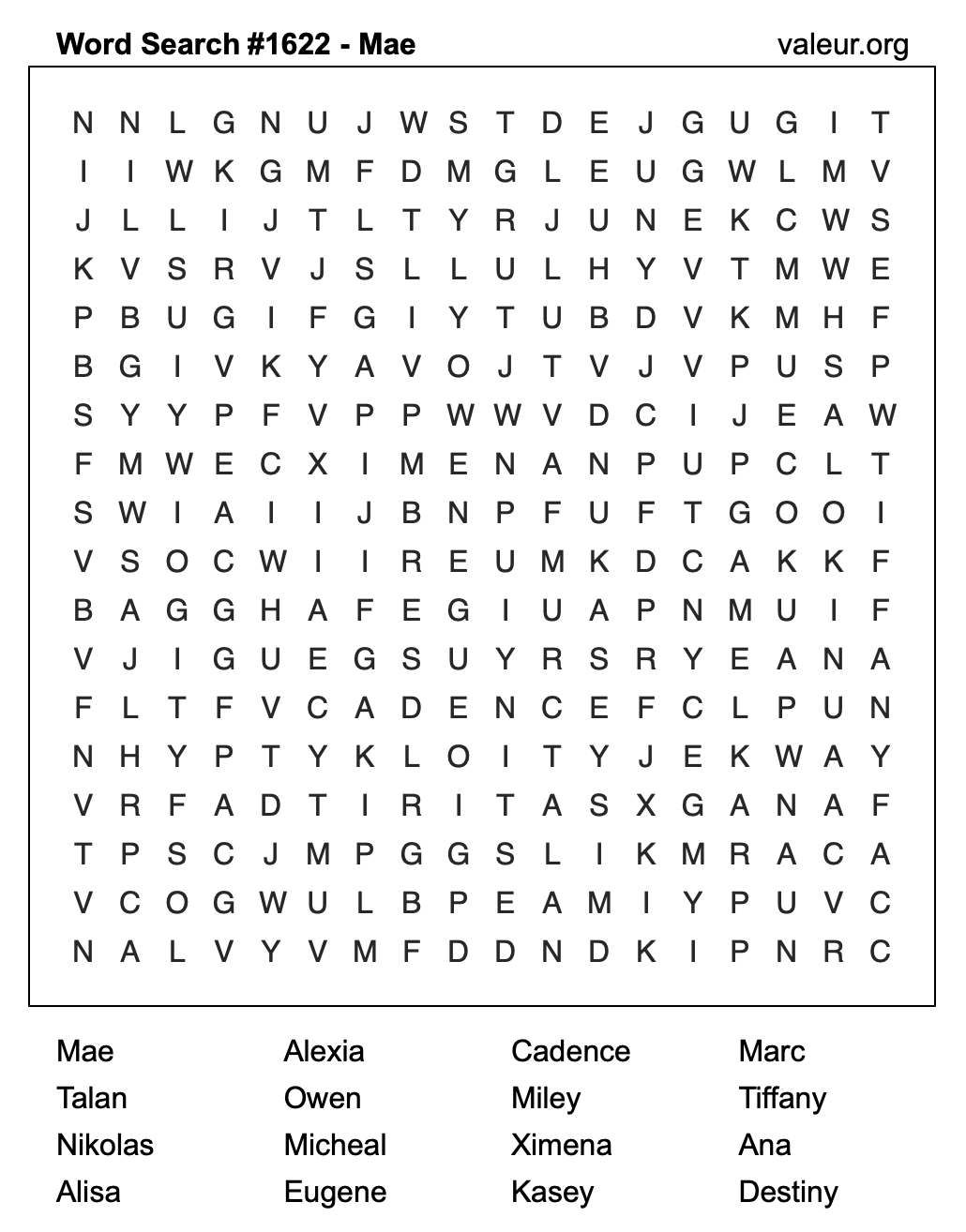 Word Search Puzzle with the name Mae #1622 Word Search Puzzle with the name Mae #1622