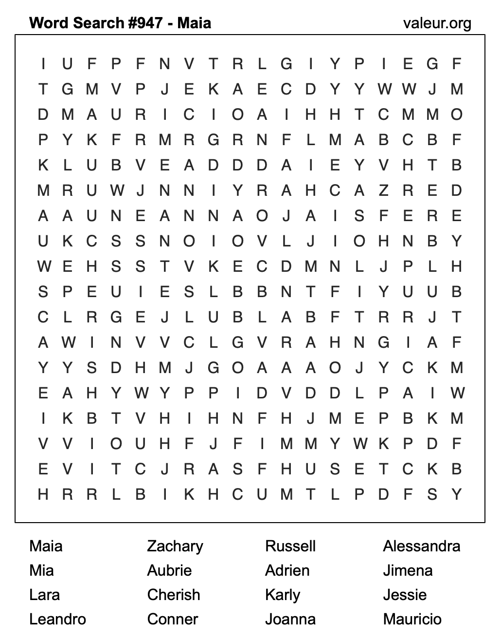 Word Search Puzzle with the name Maia #947