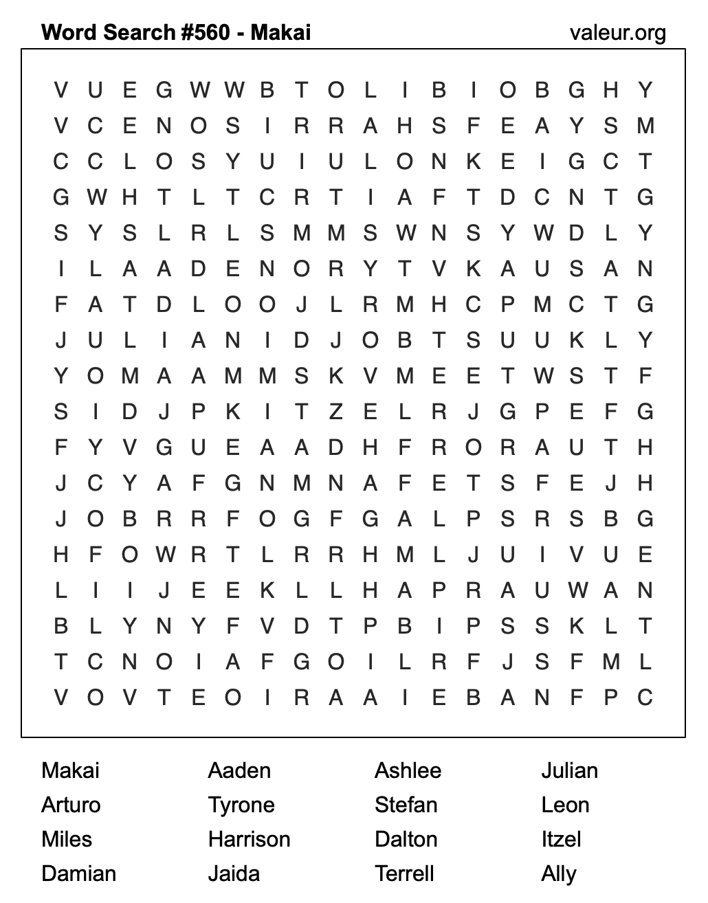 Word Search Puzzle with the name Makai #560