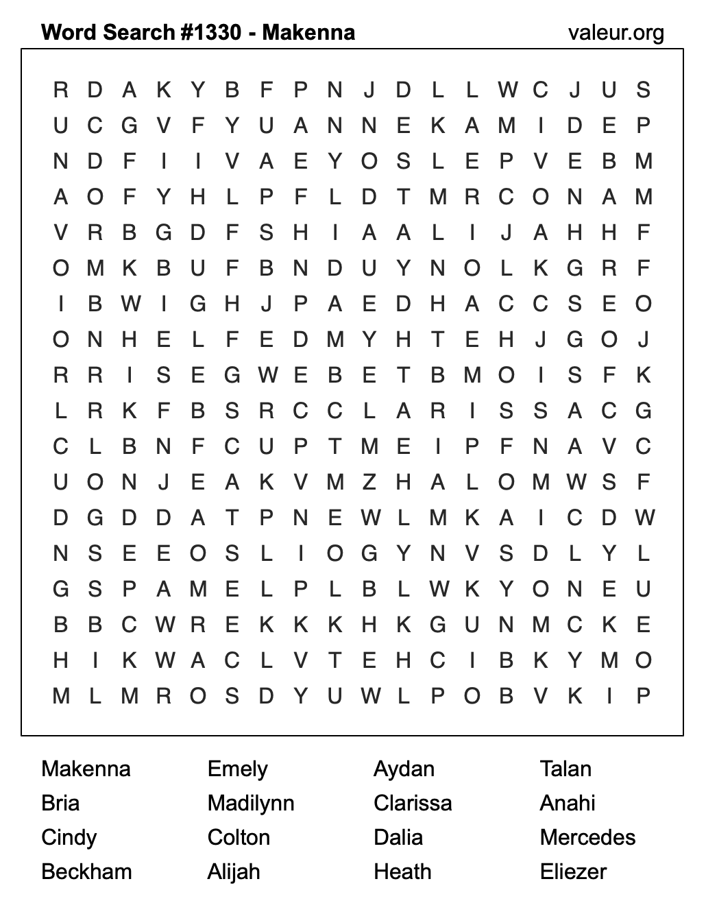 Word Search Puzzle with the name Makenna #1330