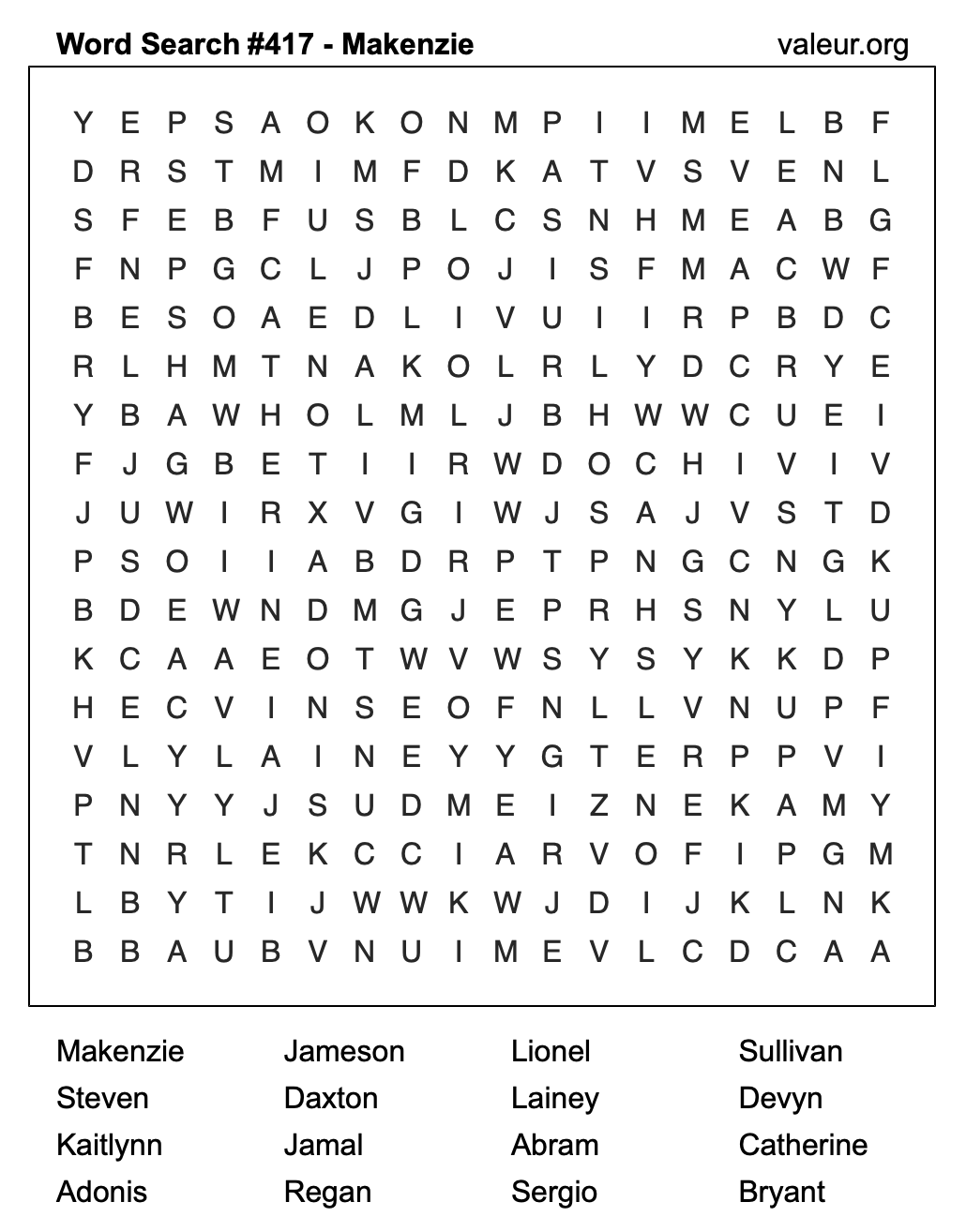 Word Search Puzzle with the name Makenzie #417 Word Search Puzzle with the name Makenzie #417