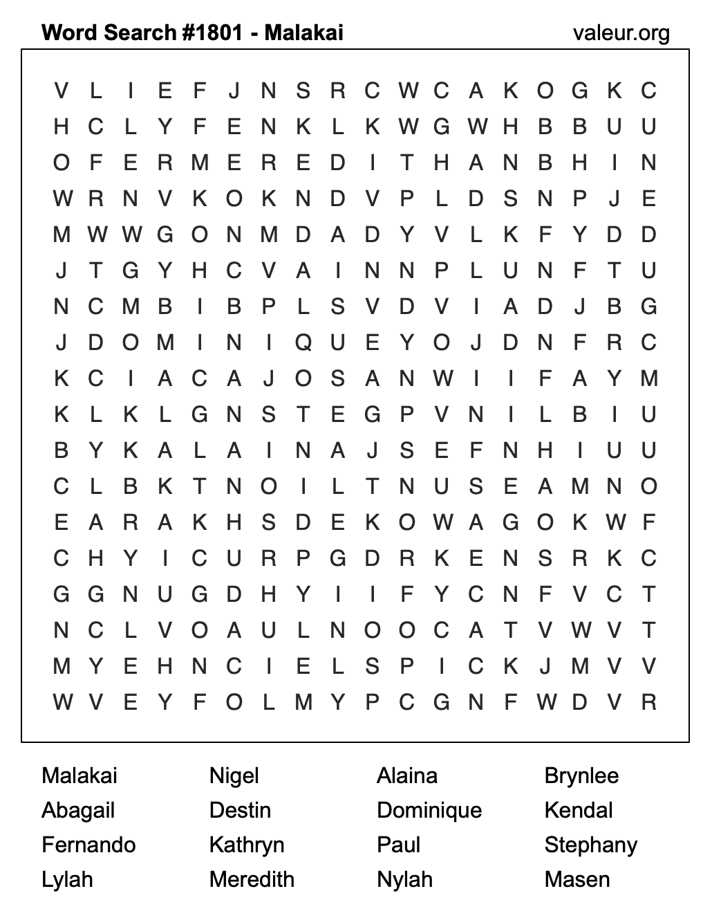 Word Search Puzzle with the name Malakai #1801