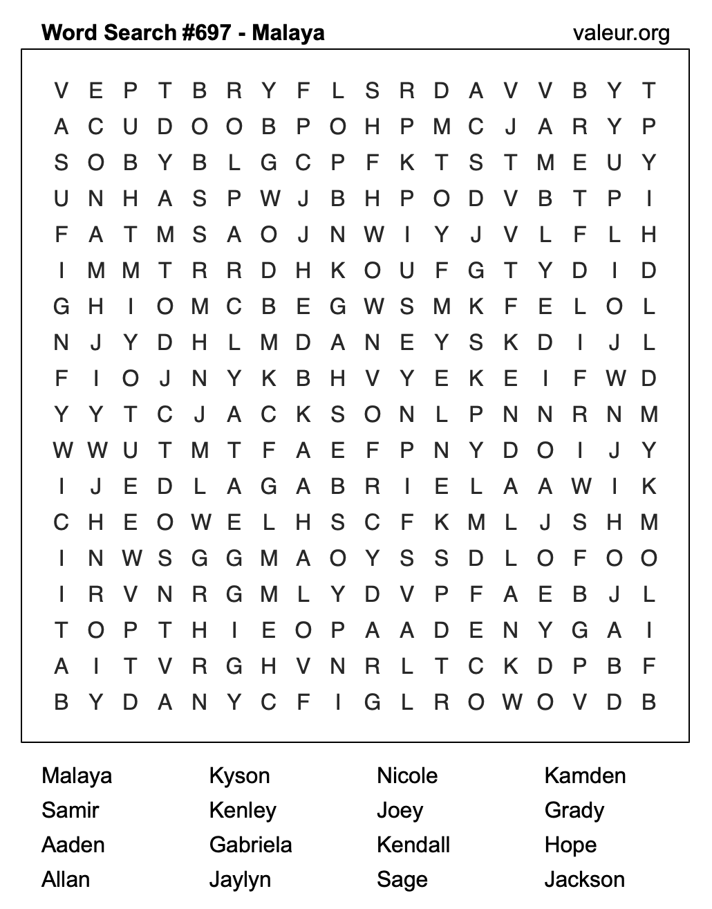 Word Search Puzzle with the name Malaya #697 Word Search Puzzle with the name Malaya #697