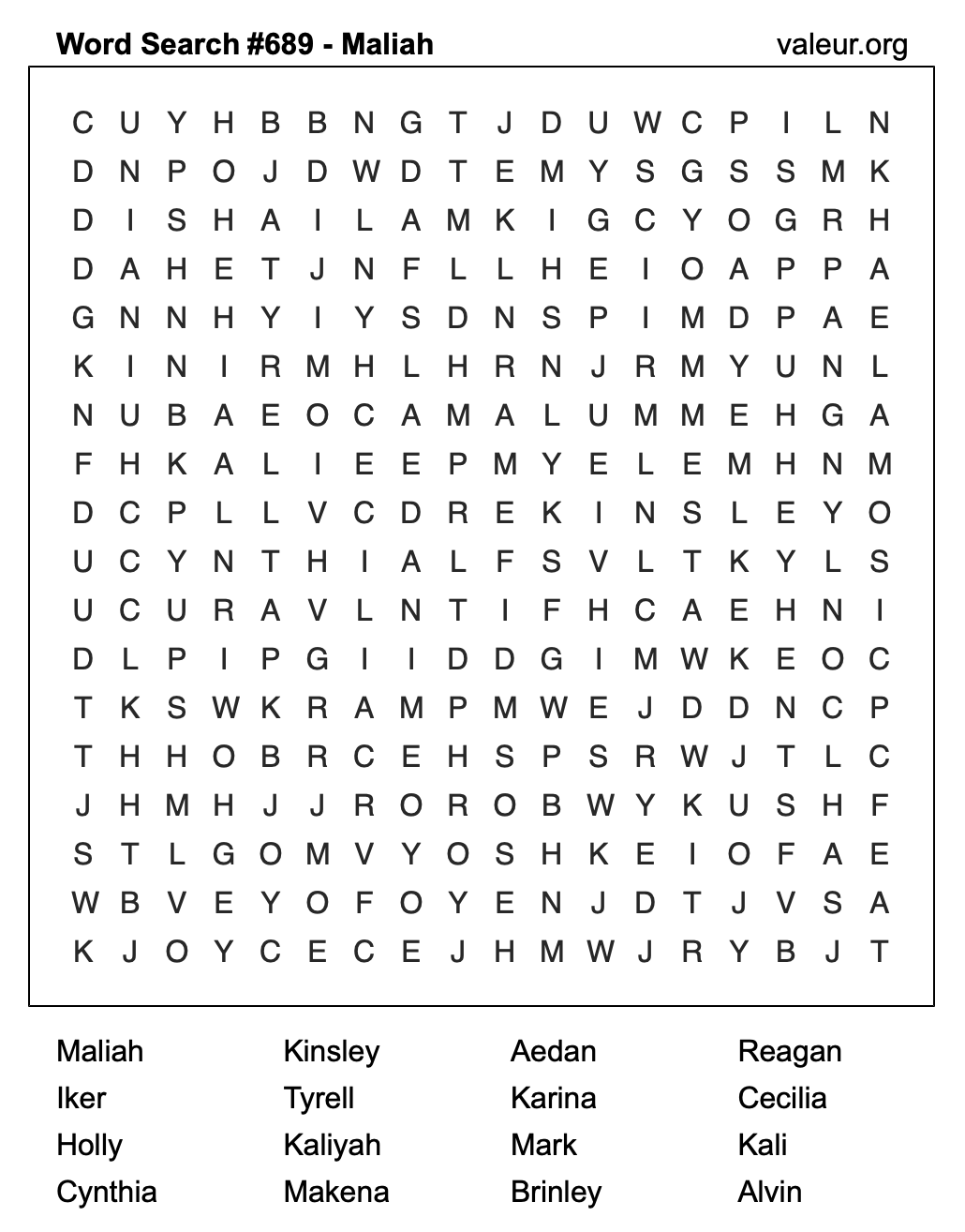 Word Search Puzzle with the name Maliah #689