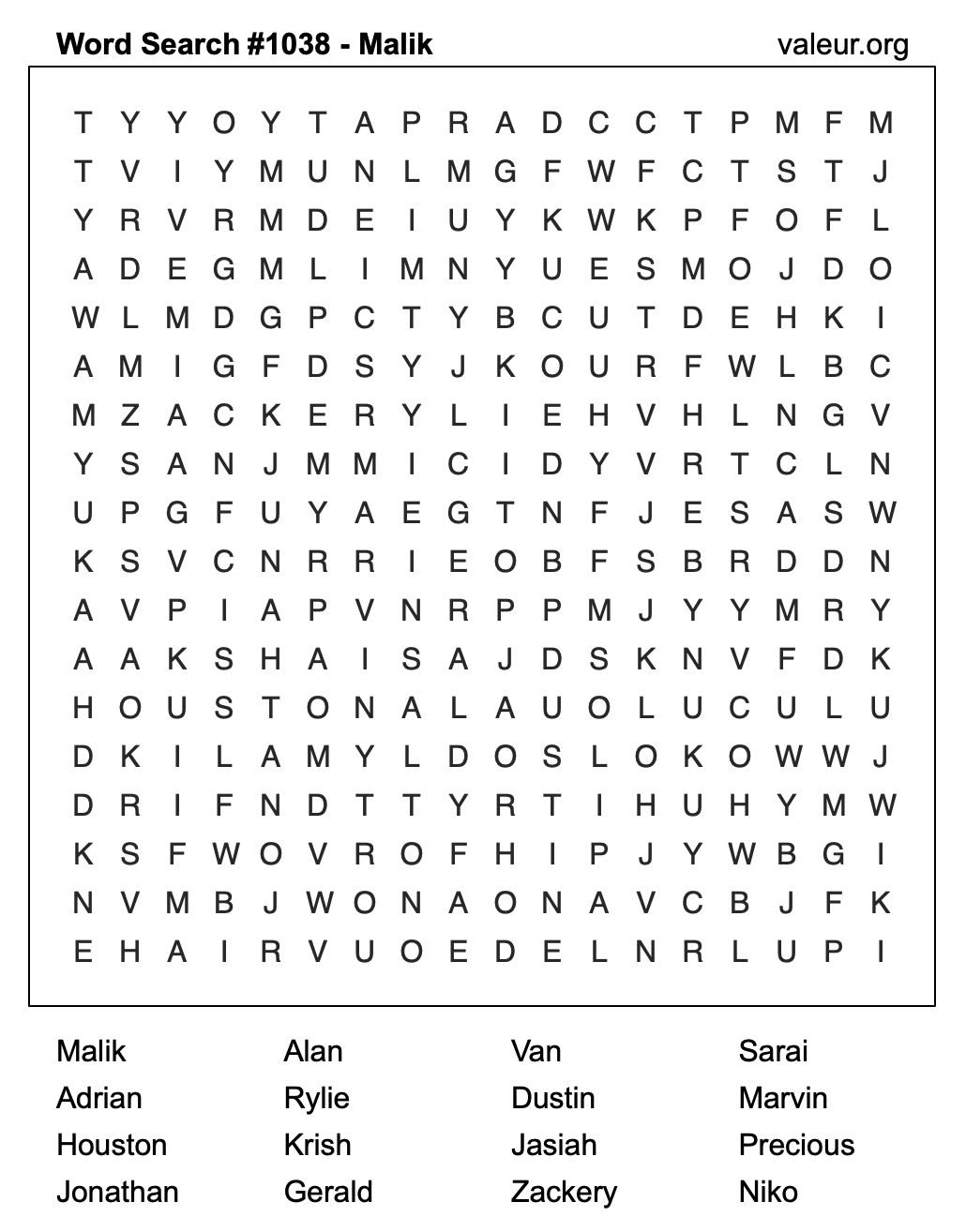 Word Search Puzzle with the name Malik #1038
