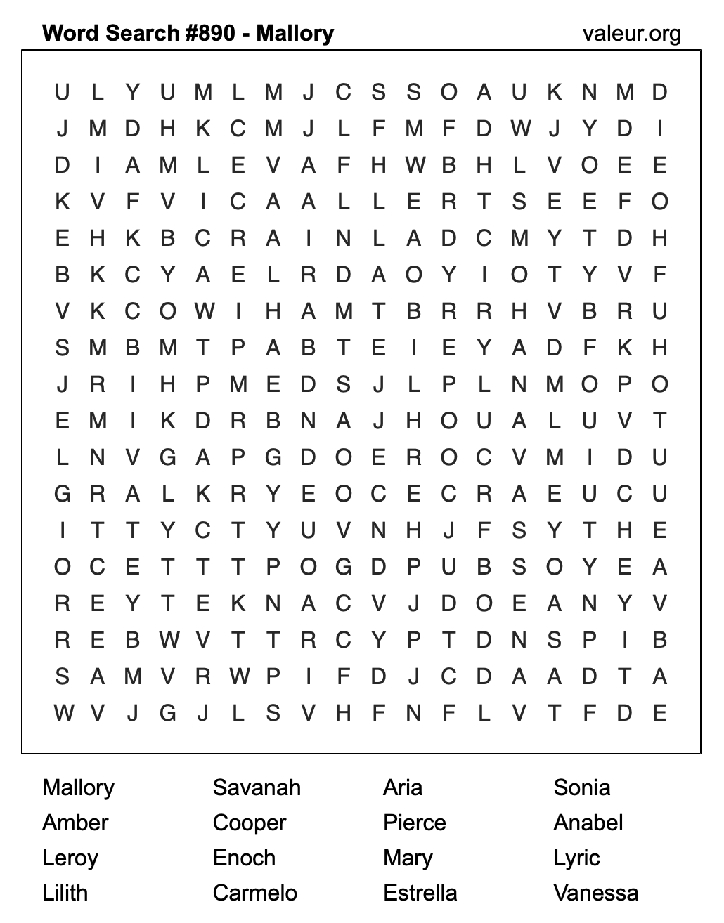 Word Search Puzzle with the name Mallory #890