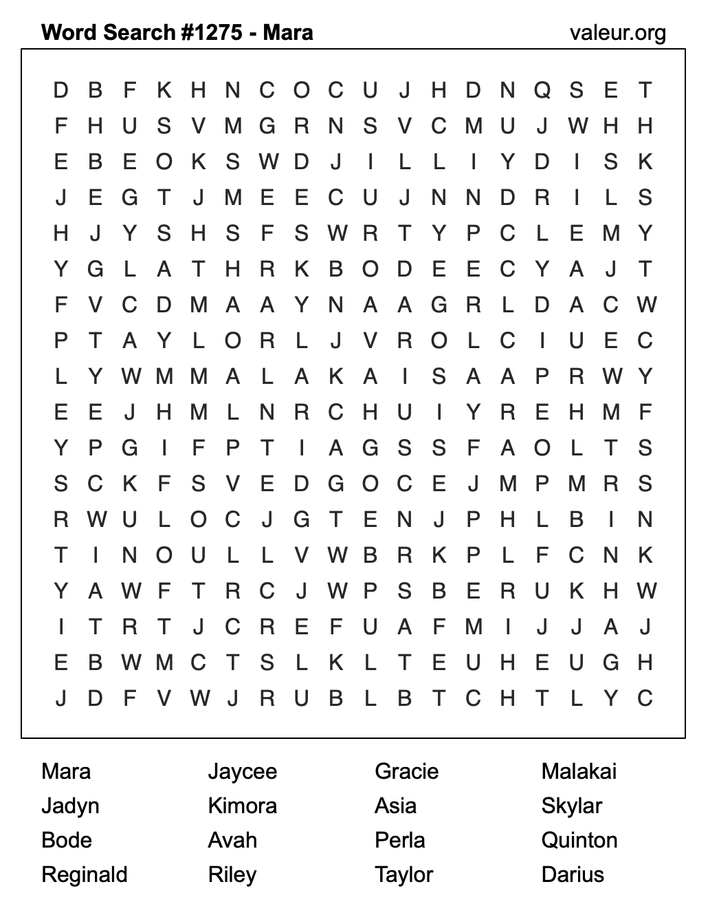 Word Search Puzzle with the name Mara #1275