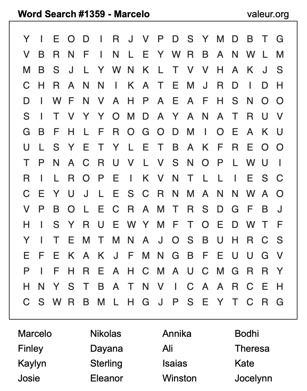 Word Search Puzzle with the name Marcelo #1359