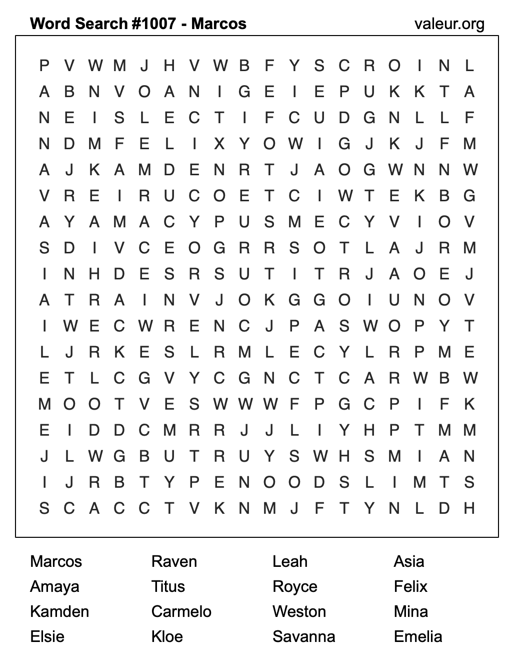 Word Search Puzzle with the name Marcos #1007