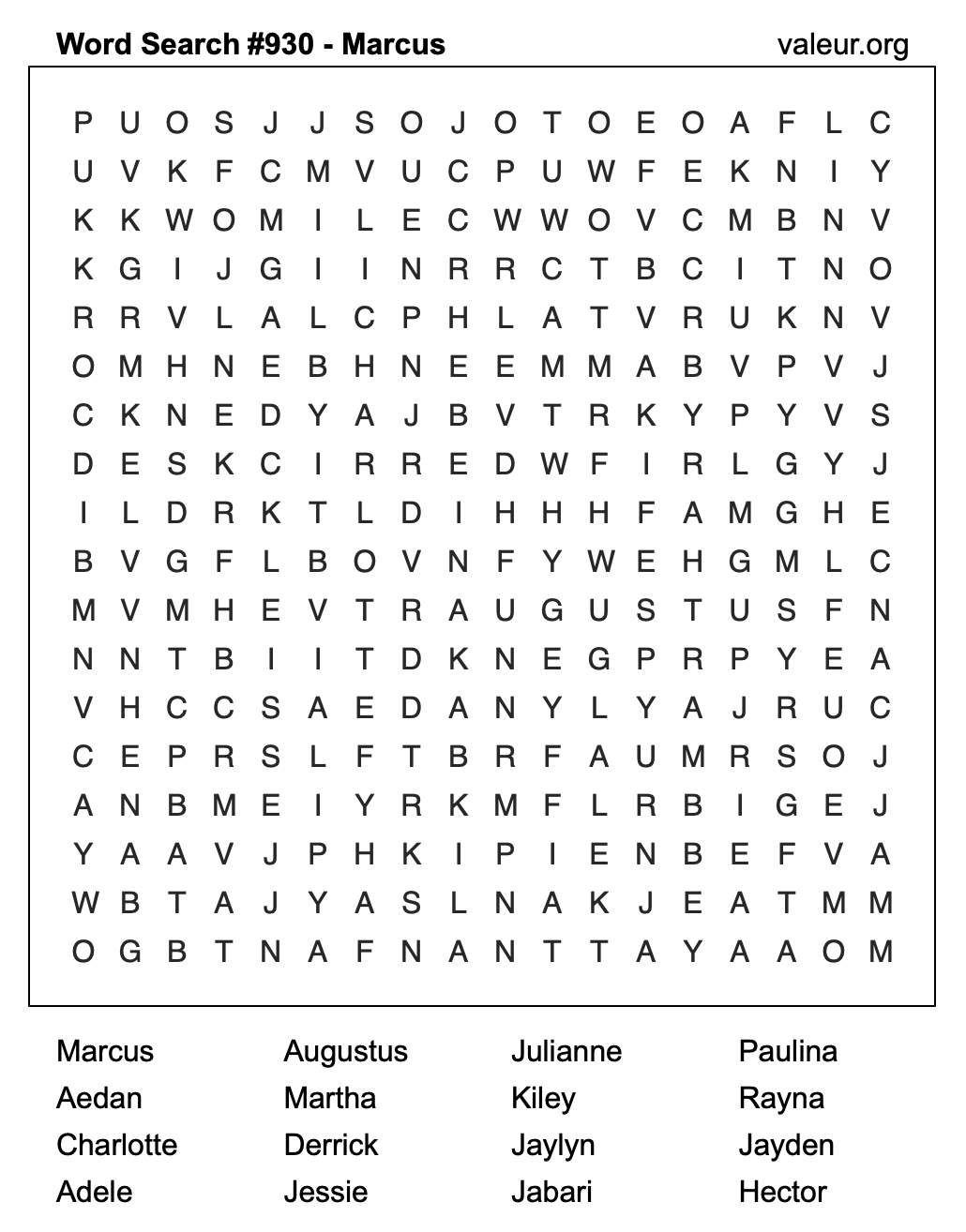 Word Search Puzzle with the name Marcus #930