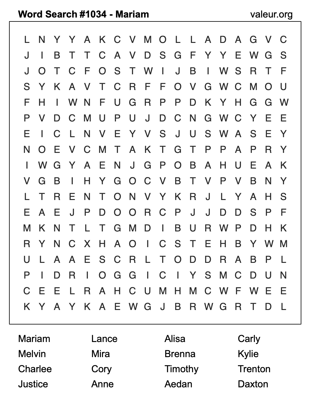 Word Search Puzzle with the name Mariam #1034