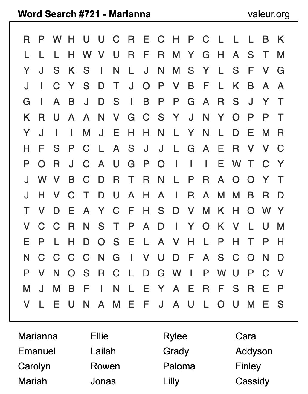 Word Search Puzzle with the name Marianna #721