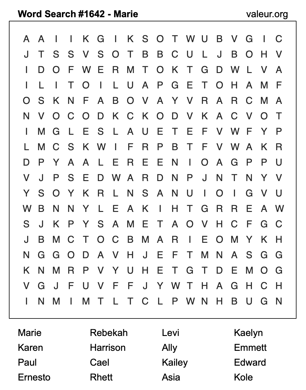 Word Search Puzzle with the name Marie #1642 Word Search Puzzle with the name Marie #1642