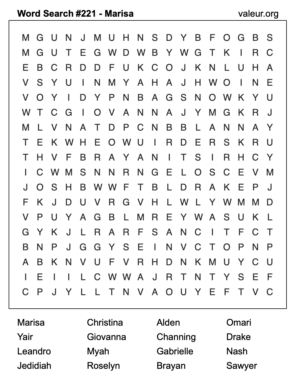 Word Search Puzzle with the name Marisa #221