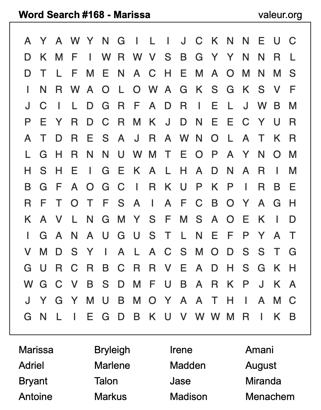 Word Search Puzzle with the name Marissa #168
