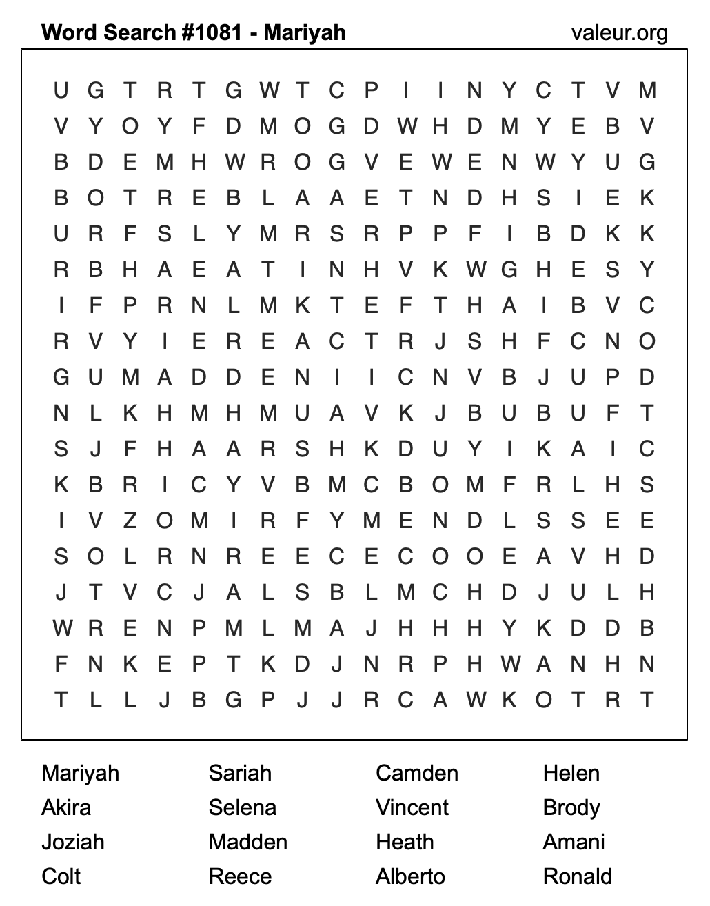 Word Search Puzzle with the name Mariyah #1081