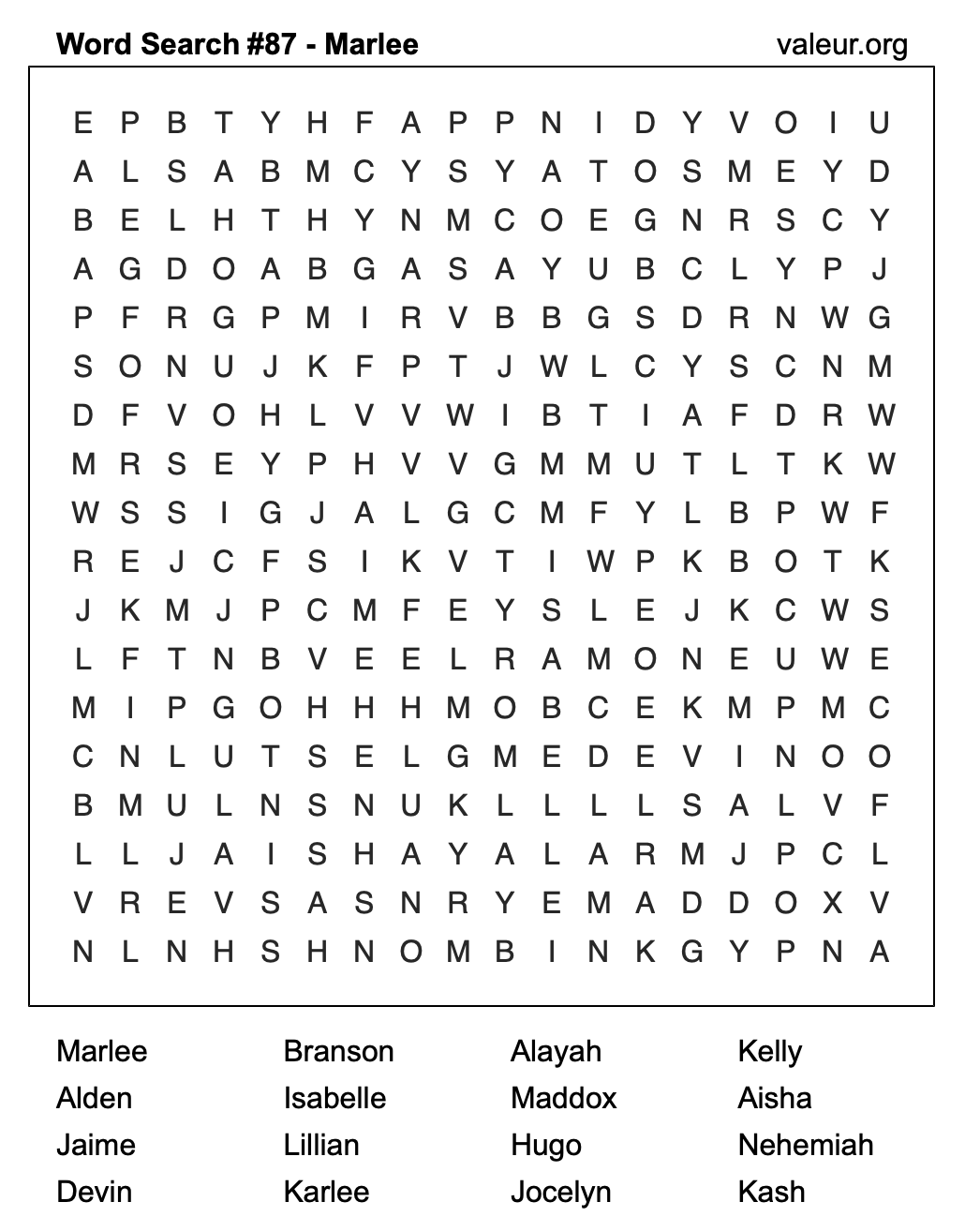 Word Search Puzzle with the name Marlee #87 Word Search Puzzle with the name Marlee #87