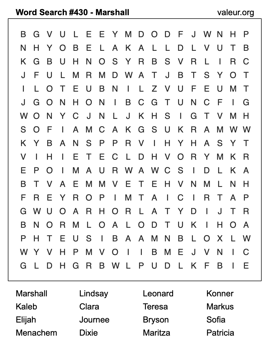 Word Search Puzzle with the name Marshall #430