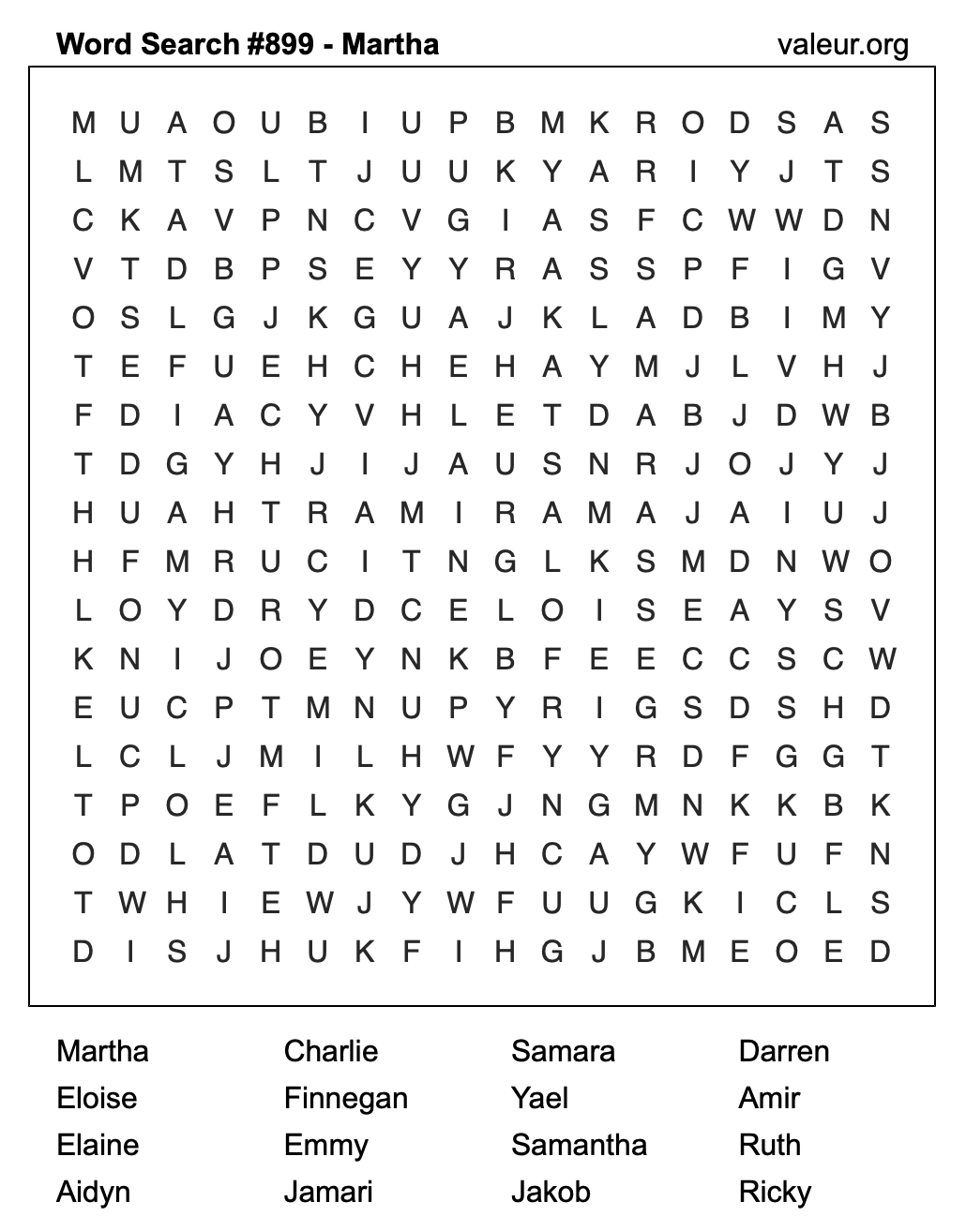 Word Search Puzzle with the name Martha #899 Word Search Puzzle with the name Martha #899