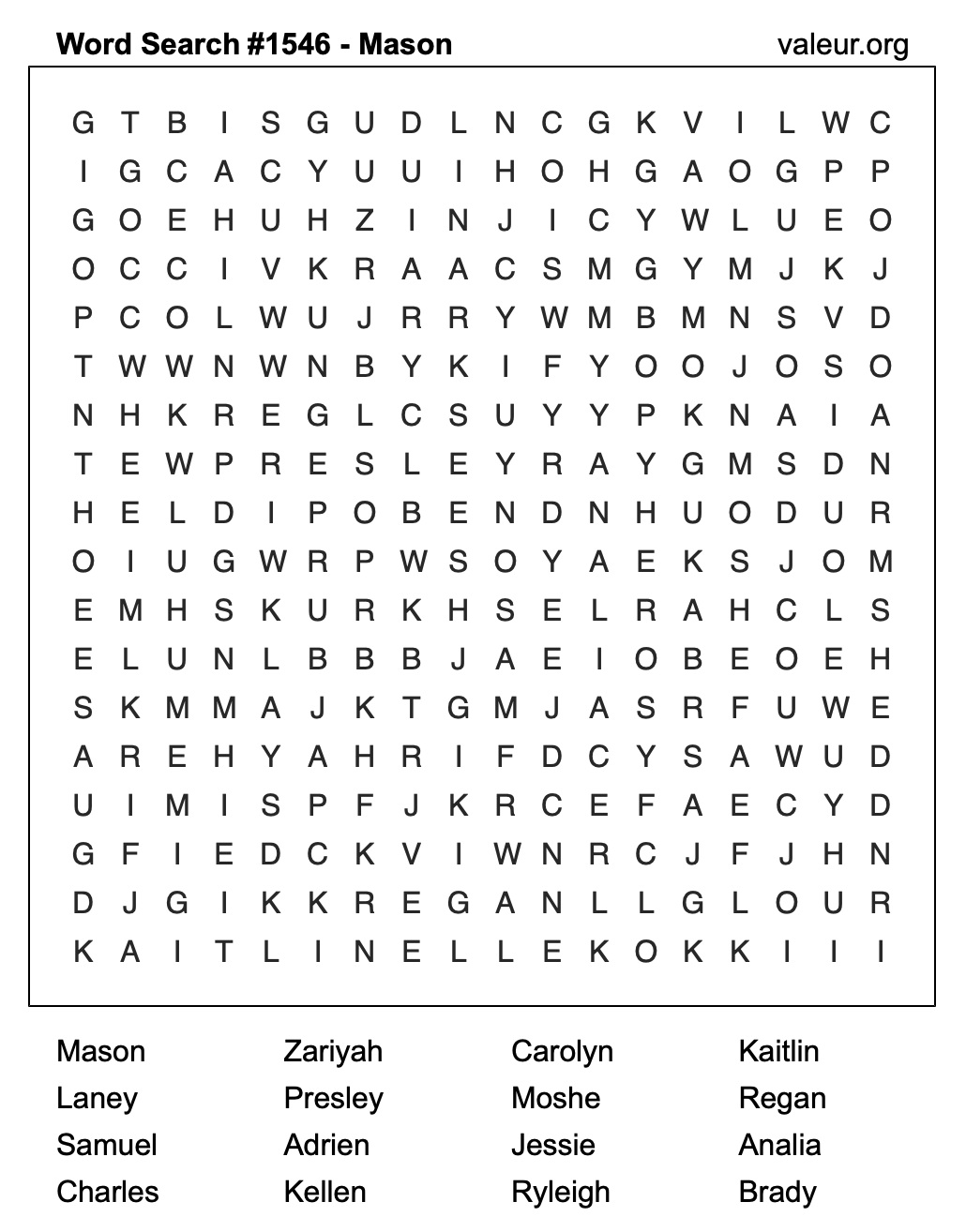 Word Search Puzzle with the name Mason #1546
