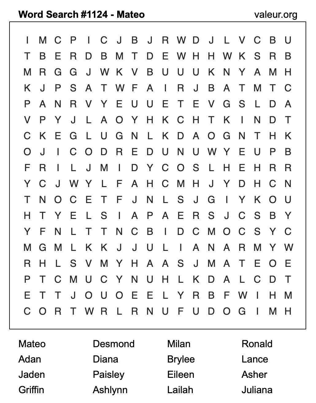 Word Search Puzzle with the name Mateo #1124