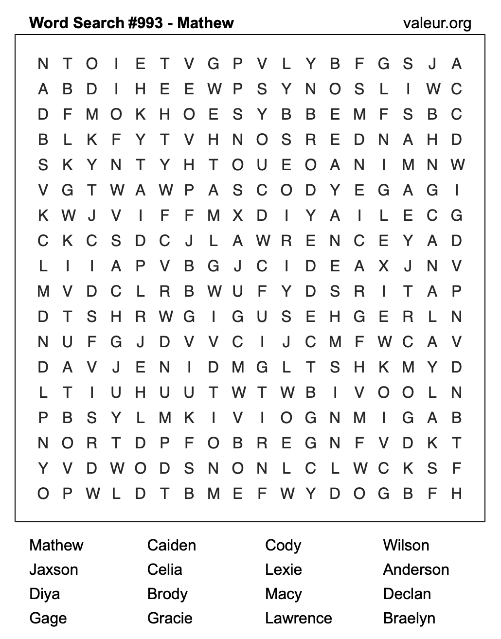 Word Search Puzzle with the name Mathew #993