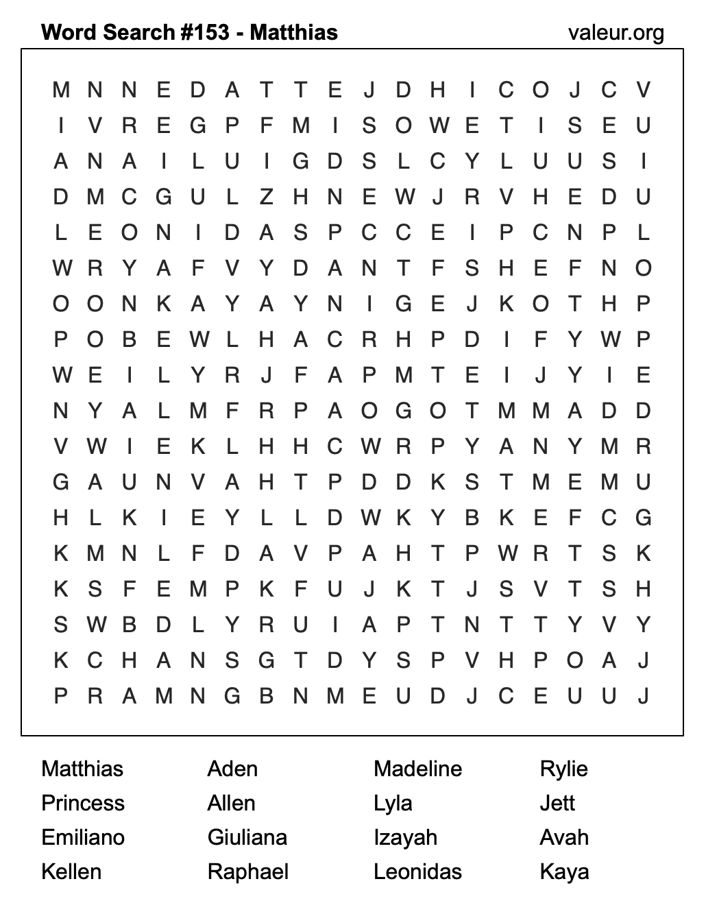Word Search Puzzle with the name Matthias #153