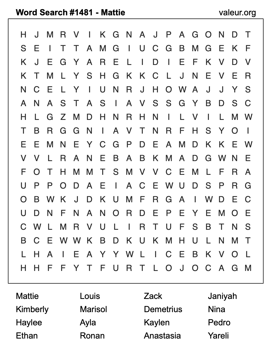 Word Search Puzzle with the name Mattie #1481