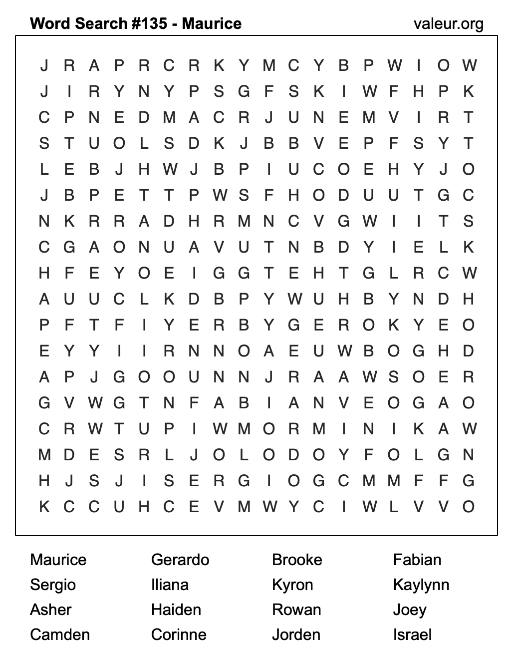 Word Search Puzzle with the name Maurice #135