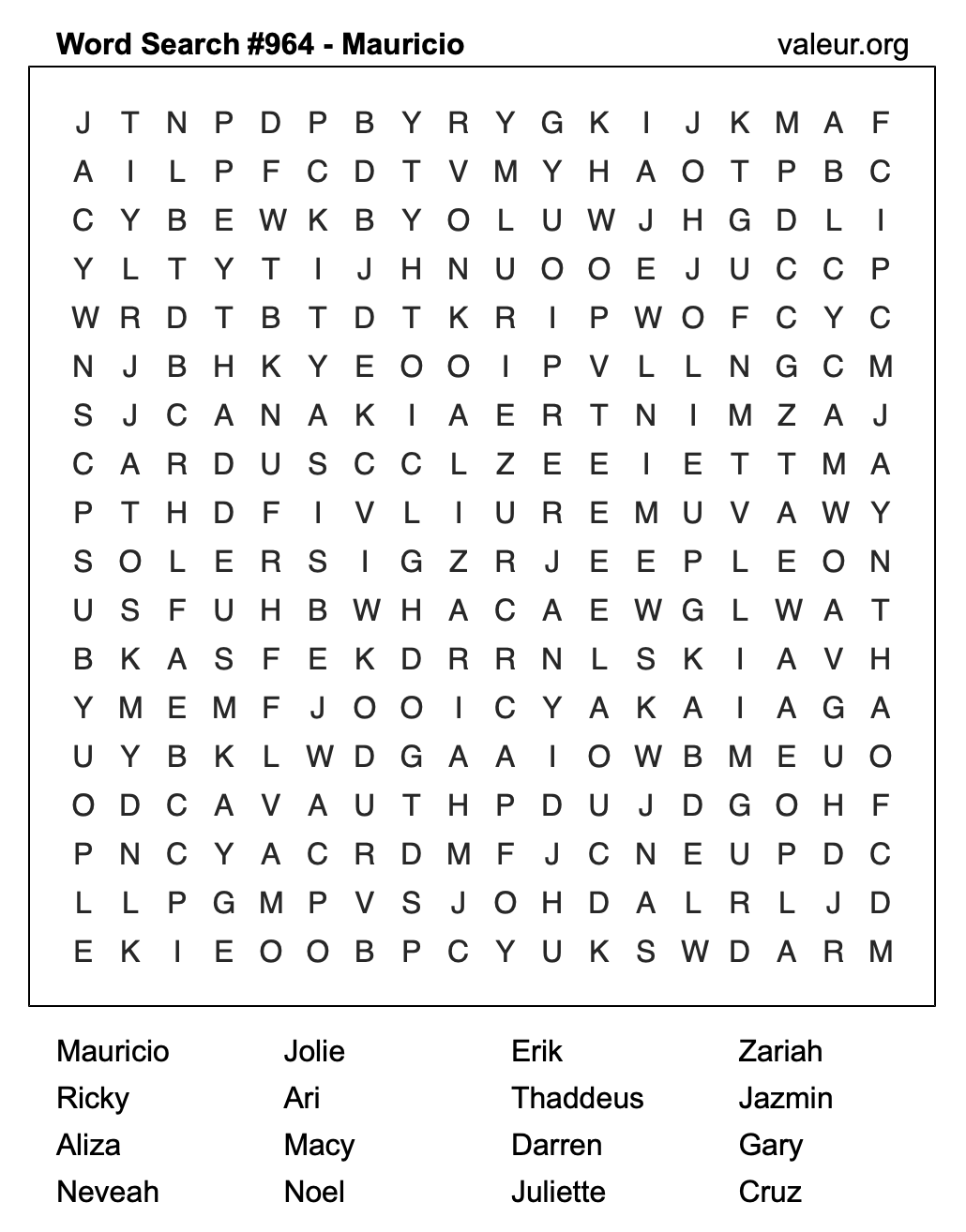 Word Search Puzzle with the name Mauricio #964 Word Search Puzzle with the name Mauricio #964