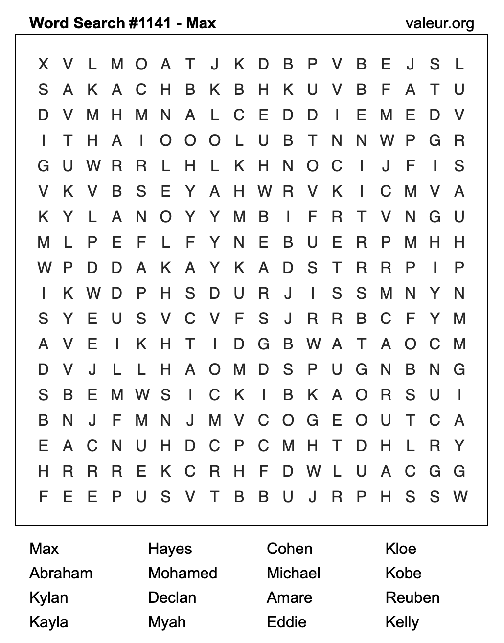 Word Search Puzzle with the name Max #1141