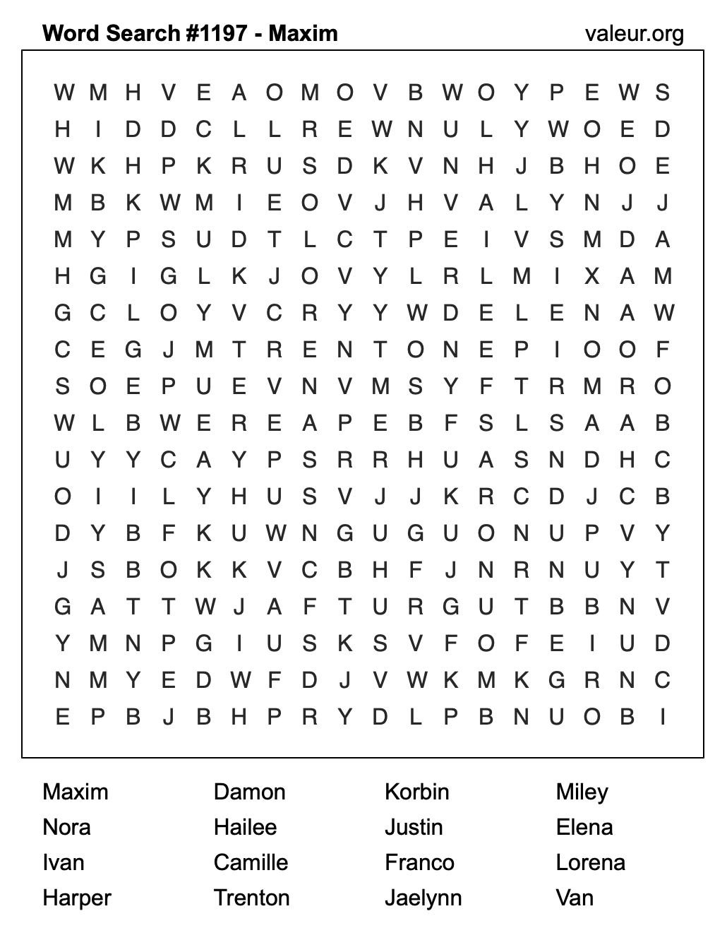 Word Search Puzzle with the name Maxim #1197