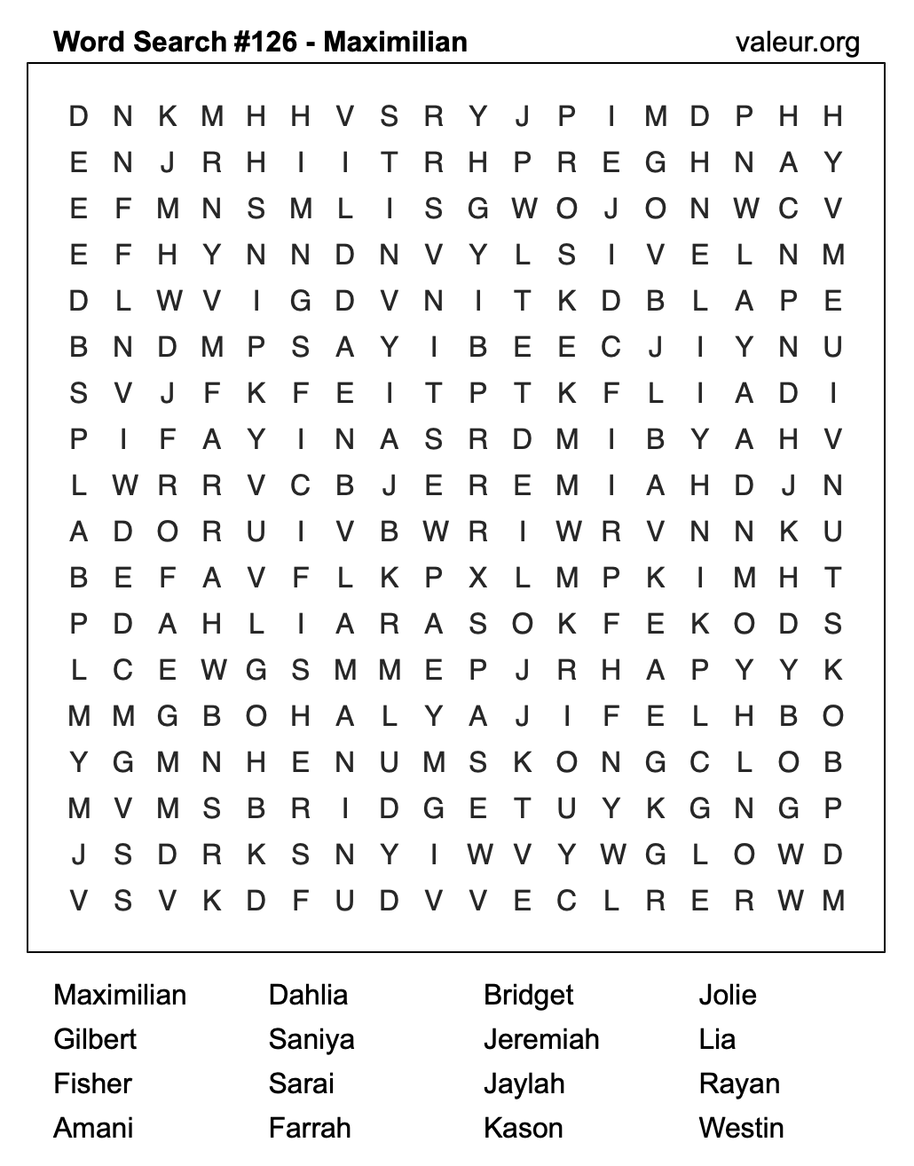 Word Search Puzzle with the name Maximilian #126