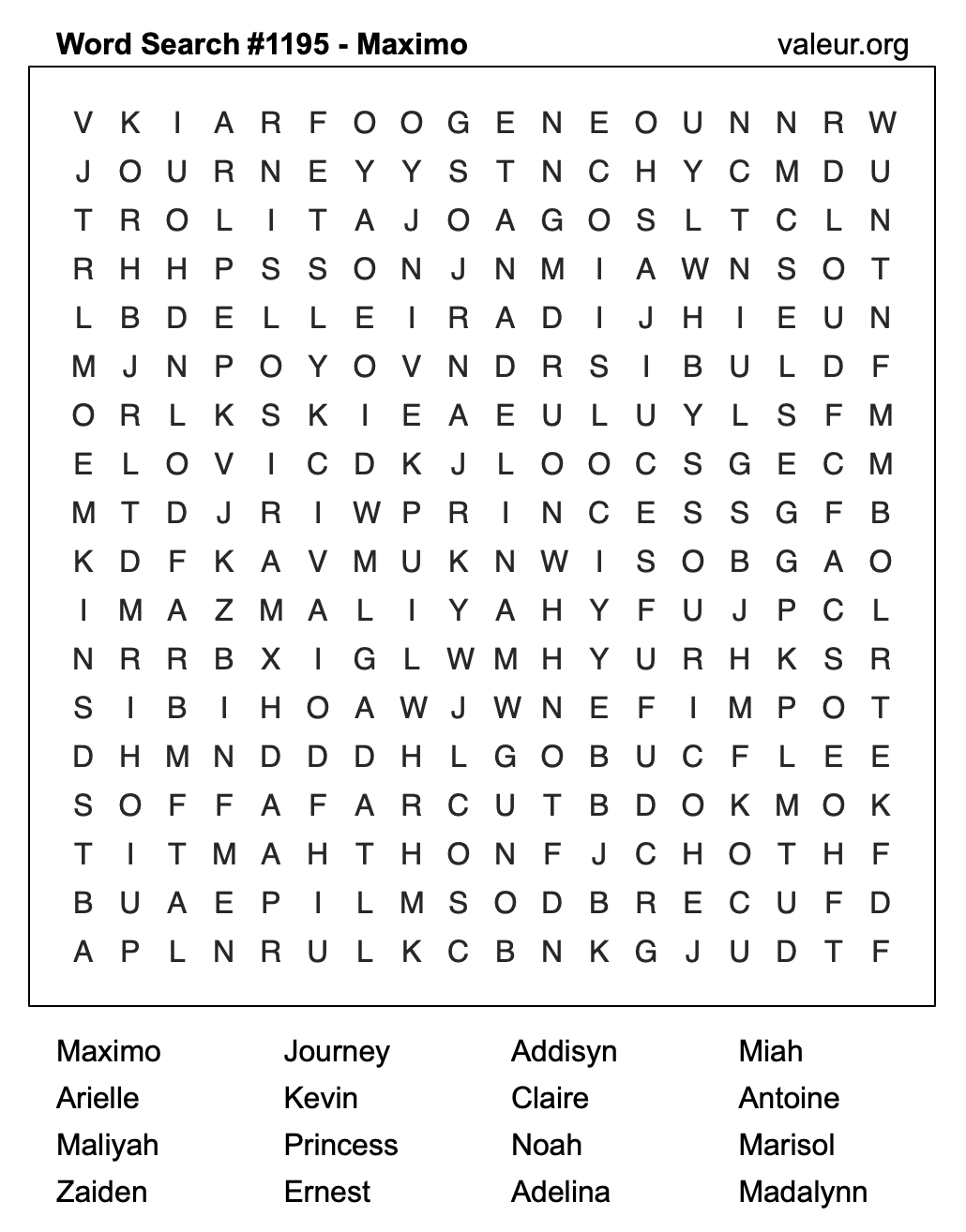 Word Search Puzzle with the name Maximo #1195