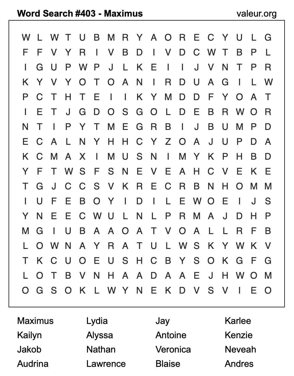 Word Search Puzzle with the name Maximus #403 Word Search Puzzle with the name Maximus #403
