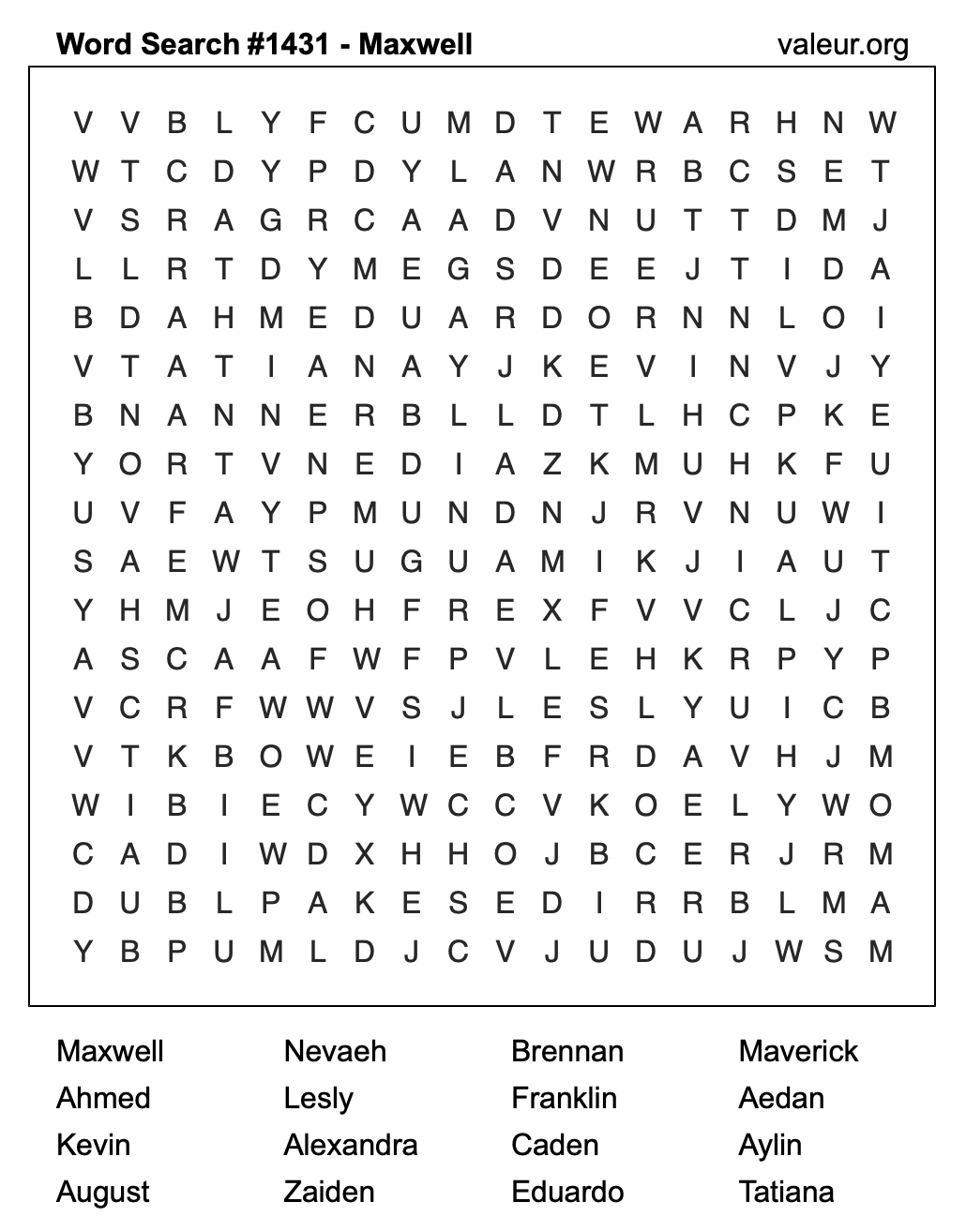 Word Search Puzzle with the name Maxwell #1431