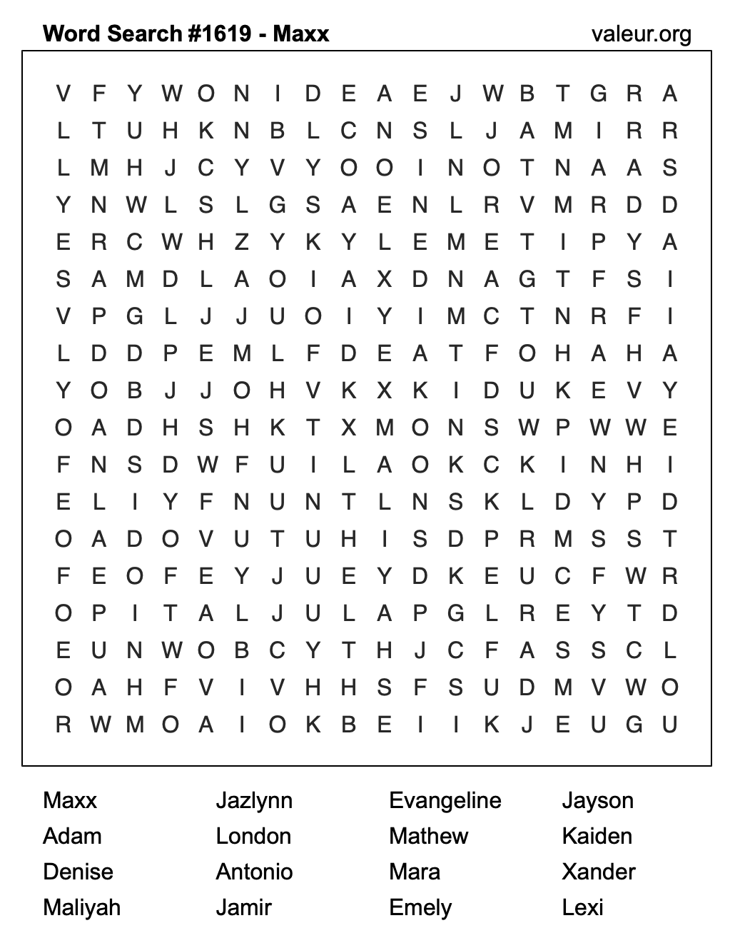 Word Search Puzzle with the name Maxx #1619 Word Search Puzzle with the name Maxx #1619