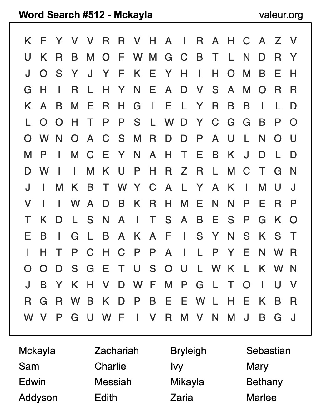 Word Search Puzzle with the name Mckayla #512