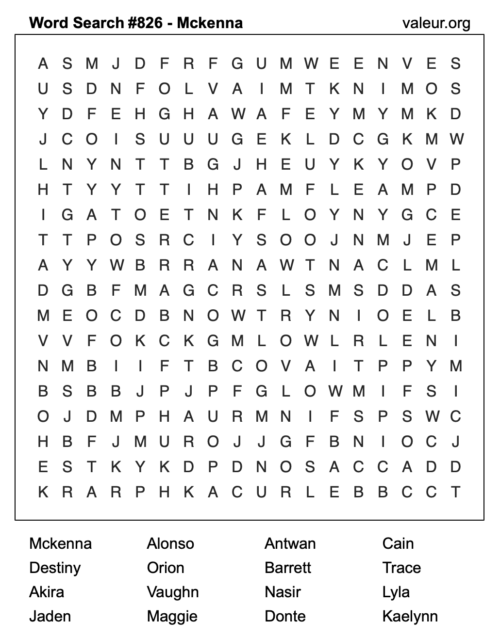 Word Search Puzzle with the name Mckenna #826 Word Search Puzzle with the name Mckenna #826