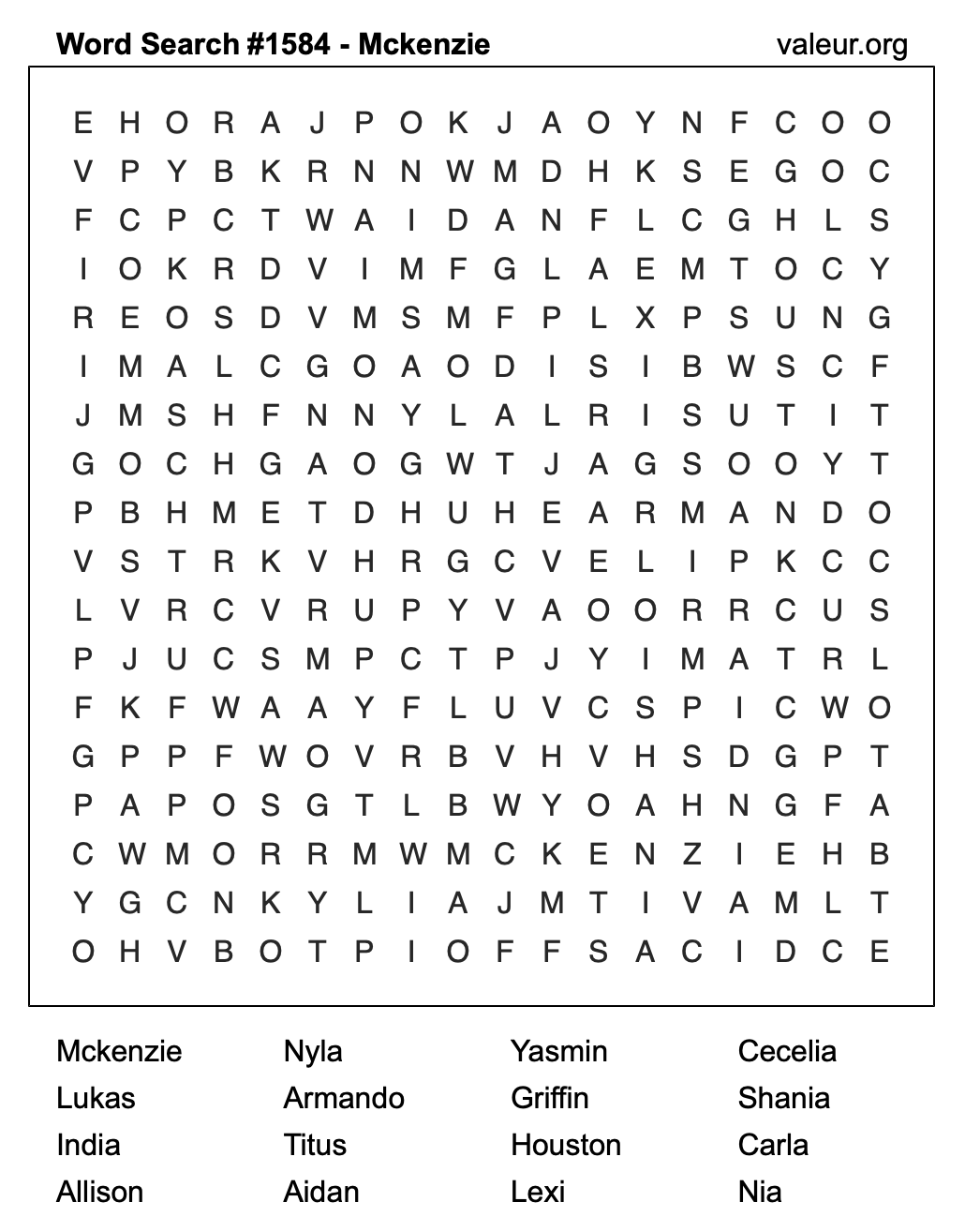 Word Search Puzzle with the name Mckenzie #1584